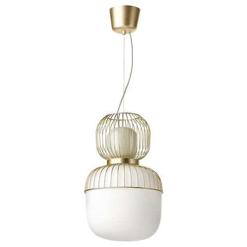PILBLIXT - Pendant lamp, white/light green glass/gold effect metal, 33 cm
