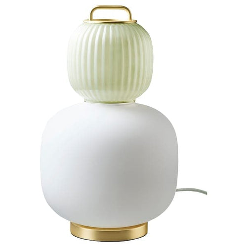 PILBLIXT - Table lamp, white/light green glass/gold metal effect, 41 cm