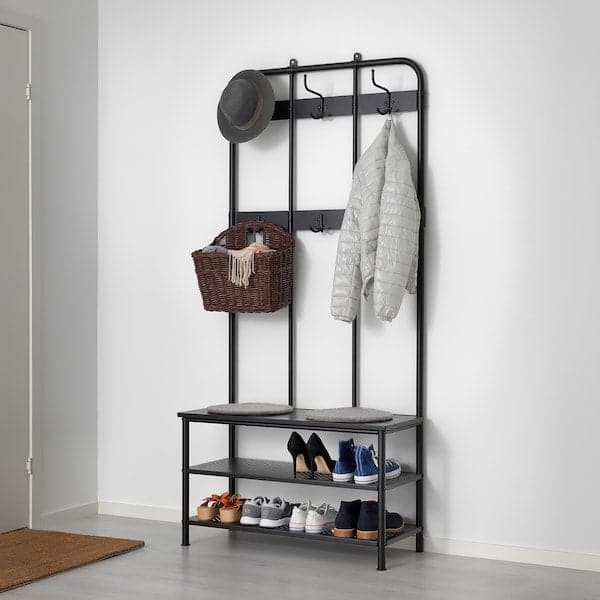 PINNIG - Coat rack with shoe storage bench, black