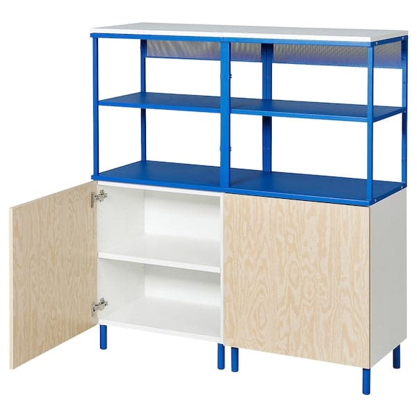PLATSA - Open storage combination w 2 doors, white Kalbåden/blue, 120x42x133 cm