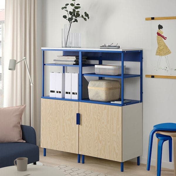 Ikea PLATSA - Open storage combination w 2 doors, white Kalbåden/blue, 120x42x133 cm