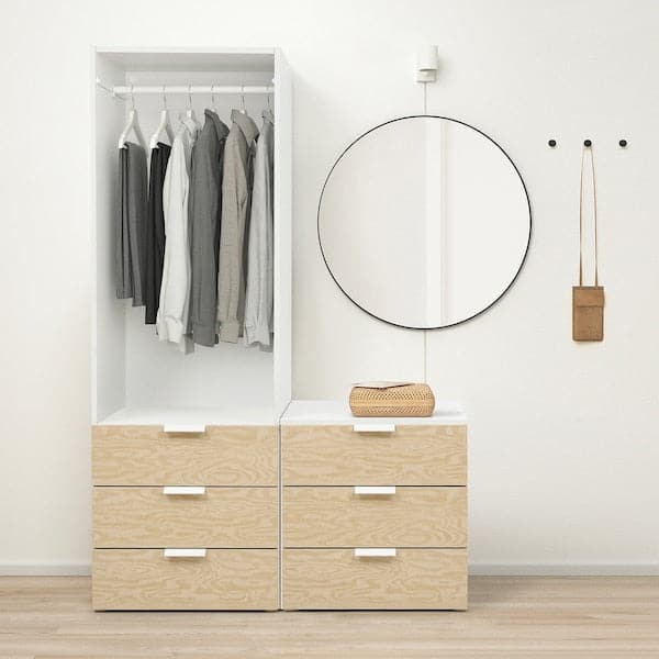 Ikea PLATSA - Wardrobe with 1 door and 6 drawers, white Kalbåden/lively pine effect FONNES white, 120x57x181 cm