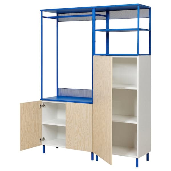 PLATSA - Wardrobe with 3 doors, white Kalbåden/blue, 140x42x191 cm