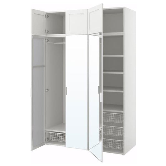 PLATSA - Wardrobe w 6 doors, white STRAUMEN mirror glass /SANNIDAL white, 140x57x221 cm - best price from Maltashopper.com 99417373