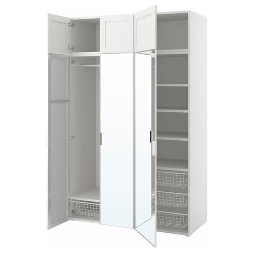 PLATSA - Wardrobe w 6 doors, white STRAUMEN mirror glass /SANNIDAL white, 140x57x221 cm