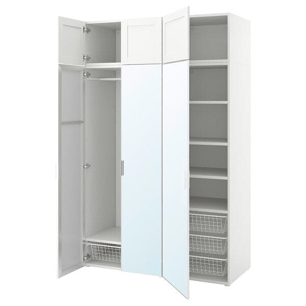 Ikea PLATSA - Wardrobe w 6 doors, white STRAUMEN mirror glass /SANNIDAL white, 140x57x221 cm