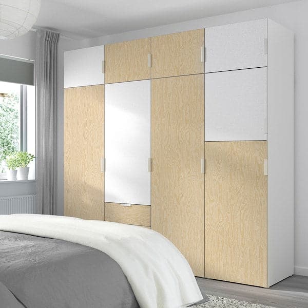 Ikea PLATSA - Wardrobe with 9 doors+3 drawers, white Kalbåden/lively pine effect FONNES white, 240x57x221 cm