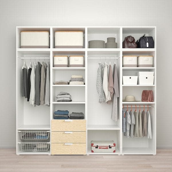 Ikea PLATSA - Wardrobe with 9 doors+3 drawers, white Kalbåden/lively pine effect FONNES white, 240x57x221 cm