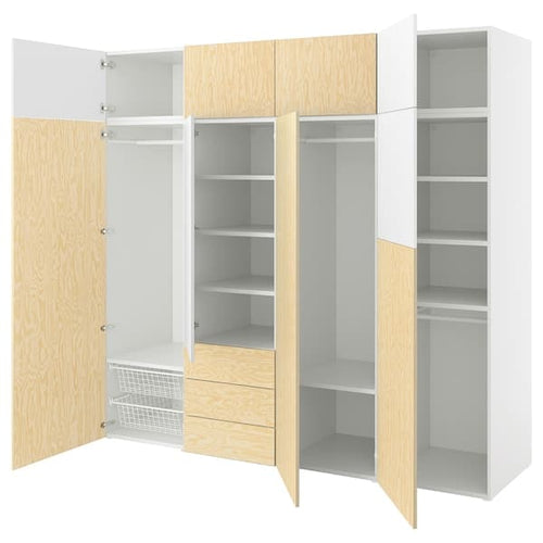 PLATSA - Wardrobe with 9 doors+3 drawers, white Kalbåden/lively pine effect FONNES white, 240x57x221 cm