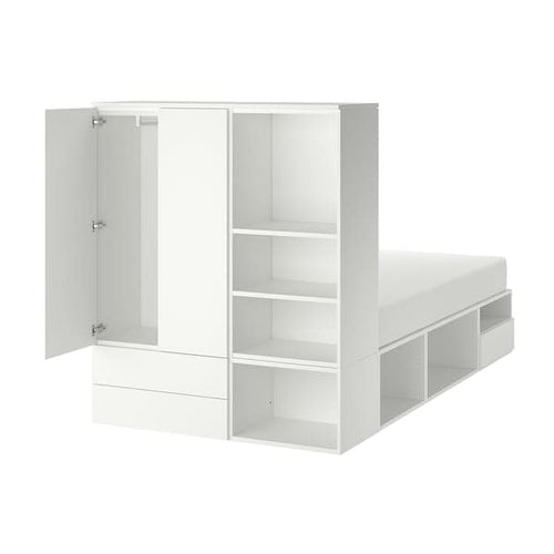 PLATSA - Bed frame with 2 door+3 drawers, white/Fonnes, 142x244x163 cm