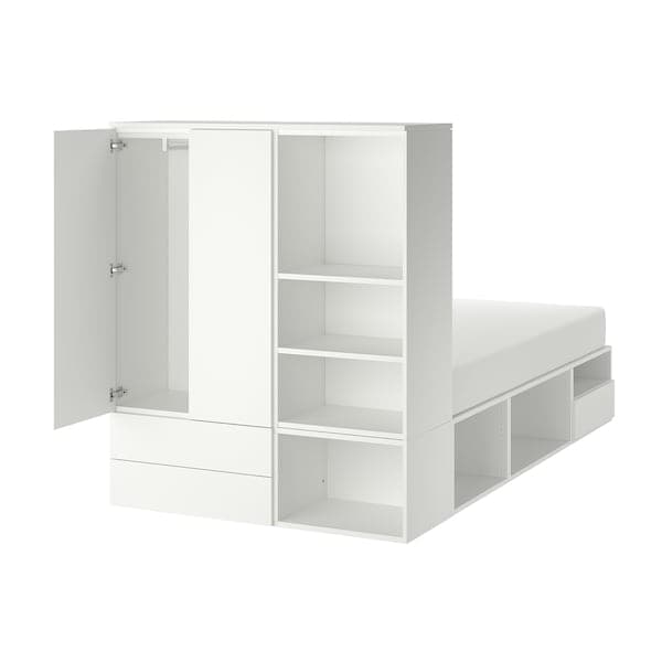 PLATSA - Bed frame with 2 door+3 drawers, white/Fonnes, 142x244x163 cm