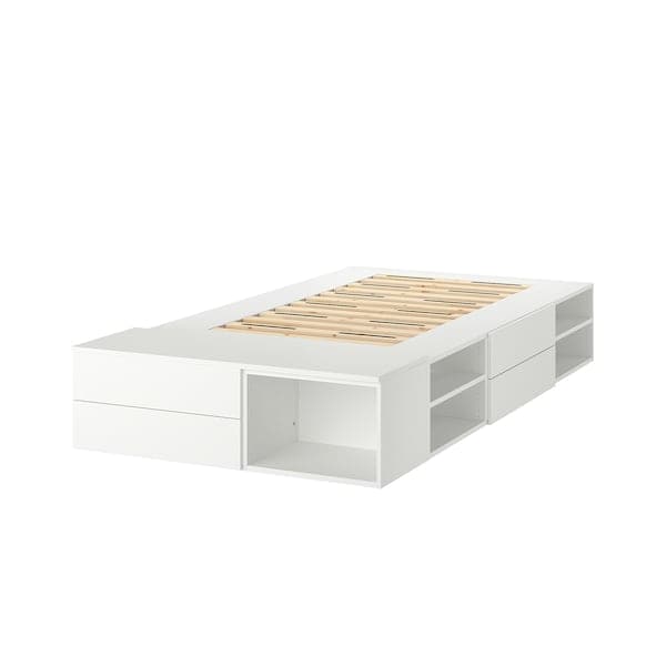 PLATSA - Bed frame with 4 drawers, white/Fonnes, 142x244x43 cm - best price from Maltashopper.com 09302913