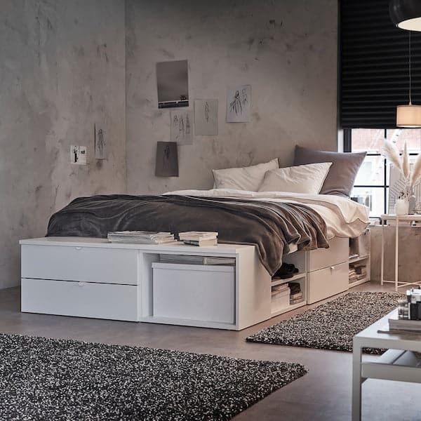 PLATSA - Bed frame with 4 drawers, white/Fonnes, 142x244x43 cm - best price from Maltashopper.com 09302913