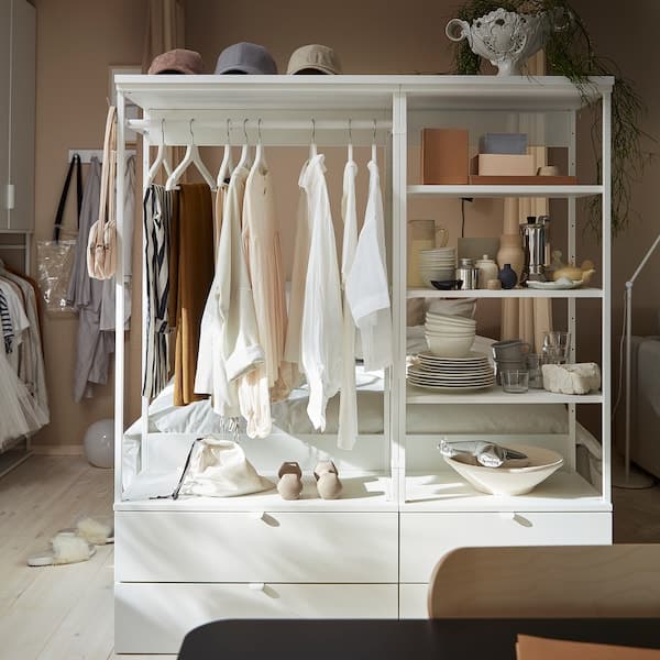 PLATSA - Bed frame with 4 drawers, white/Fonnes, 140x244x163 cm - best price from Maltashopper.com 89326463
