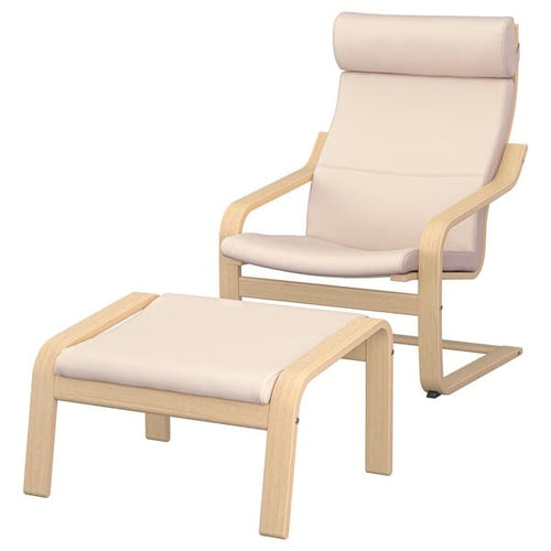 POÄNG - Armchair and footstool, oak veneer mord white/Glose ivory ,