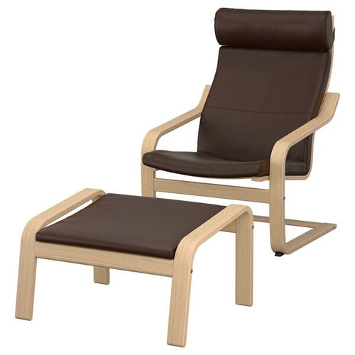 POÄNG - Armchair and footstool, mord white oak veneer/dark brown glose ,