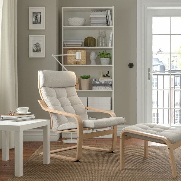 POÄNG - Armchair and footstool, mord white oak veneer/Gunnared beige , - best price from Maltashopper.com 79502013