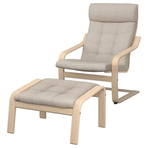 POÄNG - Armchair and footstool, mord white oak veneer/Gunnared beige ,