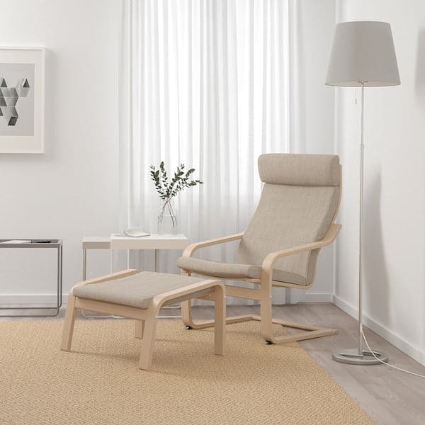 Ikea POÄNG Armchair and footrest - white mord oak veneer/Hillared beige ,