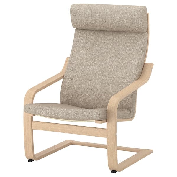 POÄNG Armchair and footrest - white mord oak veneer/Hillared beige , - best price from Maltashopper.com 49484275