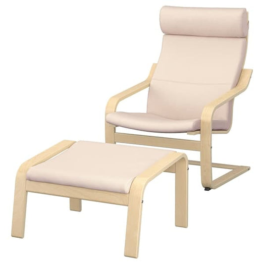Ikea POÄNG - Armchair and footstool, birch veneer/ivory glose ,