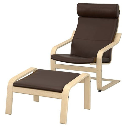 Ikea POÄNG - Armchair and footstool, birch veneer/Glose dark brown ,