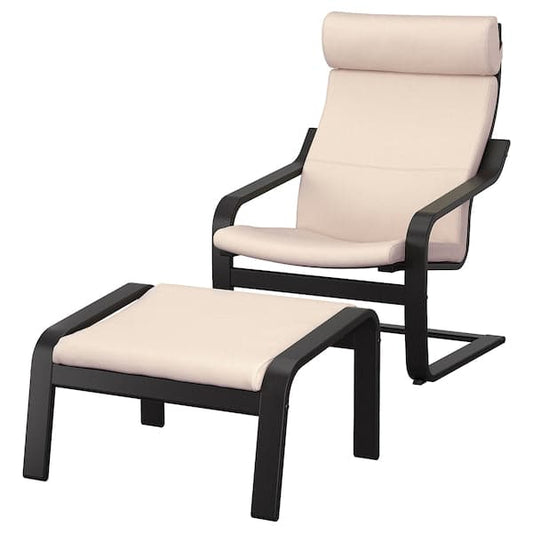 Ikea POÄNG - Armchair and footstool, brown-black/Glose ivory ,