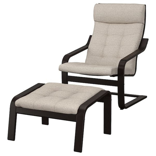 Ikea POÄNG - Armchair and footstool, brown/black/Gunnared beige ,