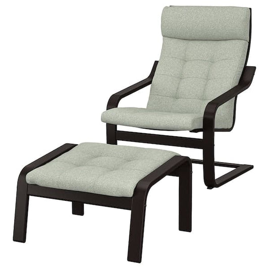 Ikea POÄNG - Armchair and footstool, brown-black/Gunnared light green ,