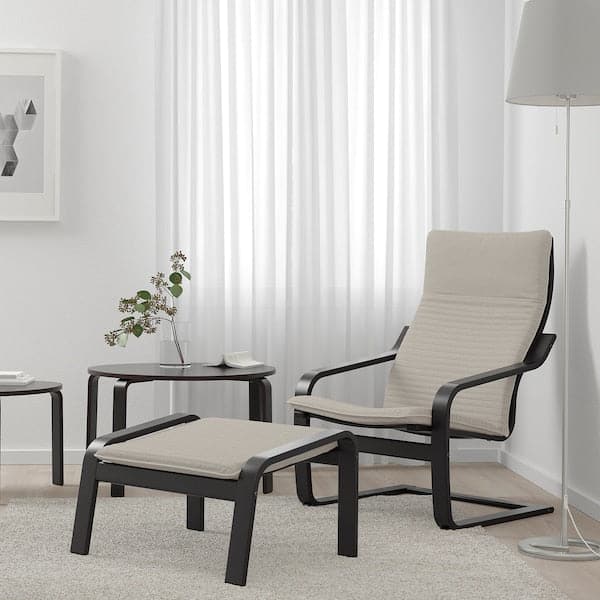 Ikea POÄNG Armchair and footstool - black-brown/Knisa light beige ,