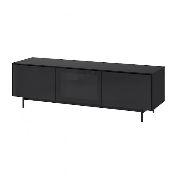 RANNÄS - TV bench with doors, black/black glass, 178x42 cm