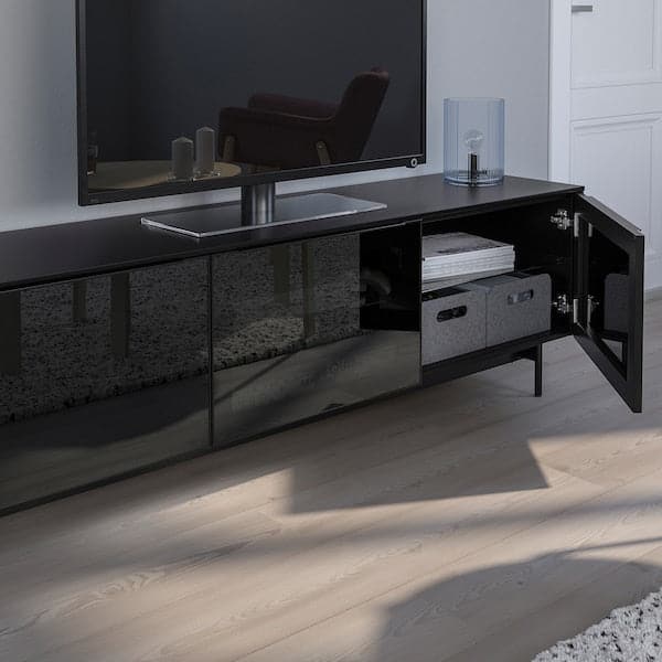 Ikea RANNÄS - TV bench with doors, black/black glass, 178x42 cm