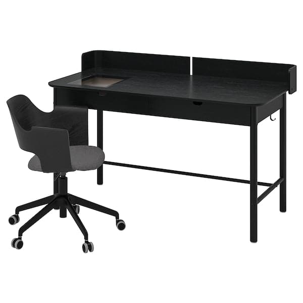 RIDSPÖ / FJÄLLBERGET - Desk and chair, anthracite veneer ash/black stain/grey