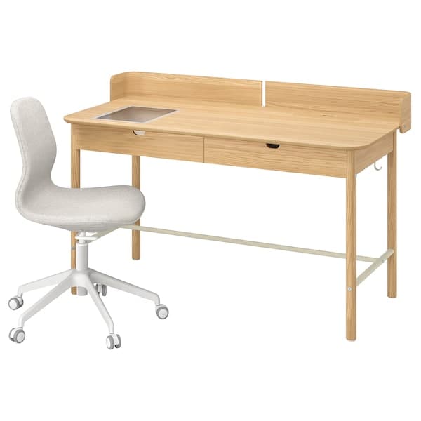 RIDSPÖ / LÅNGFJÄLL - Desk and chair, beige/white oak , - best price from Maltashopper.com 69502674