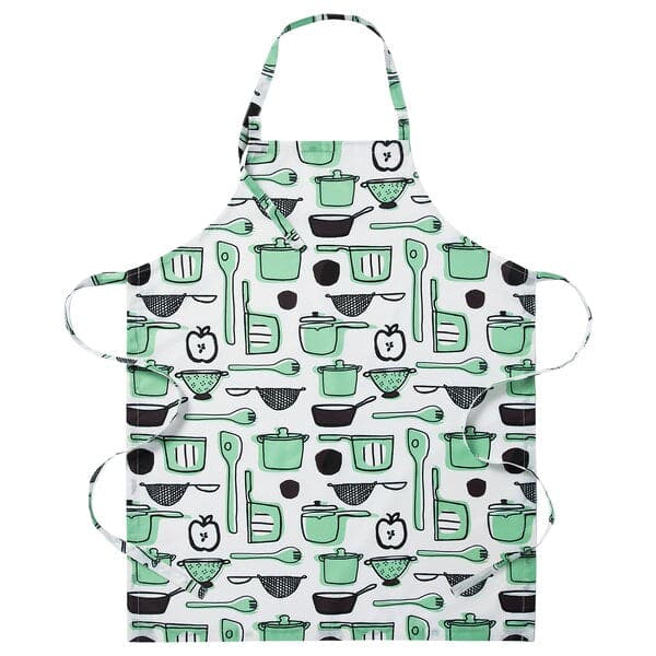 Ikea RINNIG - Apron, white/green/patterned, 69x85 cm