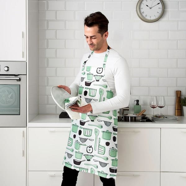 Ikea RINNIG - Apron, white/green/patterned, 69x85 cm