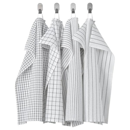 RINNIG tea towel, white/dark grey/patterned, 45x60 cm, 4 pack