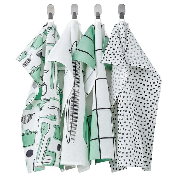 RINNIG - Tea towel, white/green/patterned, 45x60 cm - best price from Maltashopper.com 60476354