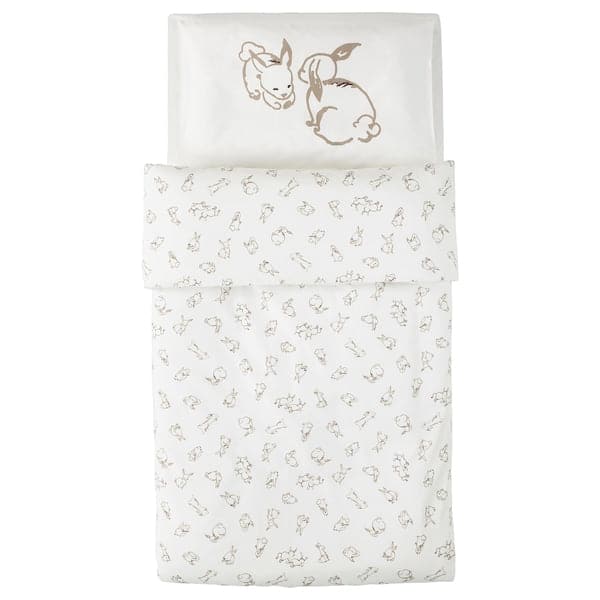 Ikea RÖDHAKE - Duvet cover 1 pillowcase for cot, rabbit pattern/white/beige, 110x125/35x55 cm
