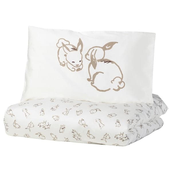 RÖDHAKE - Duvet cover 1 pillowcase for cot, rabbit pattern/white/beige, 110x125/35x55 cm - best price from Maltashopper.com 30440173