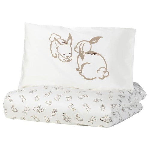 RÖDHAKE - Duvet cover 1 pillowcase for cot, rabbit pattern/white/beige, 110x125/35x55 cm