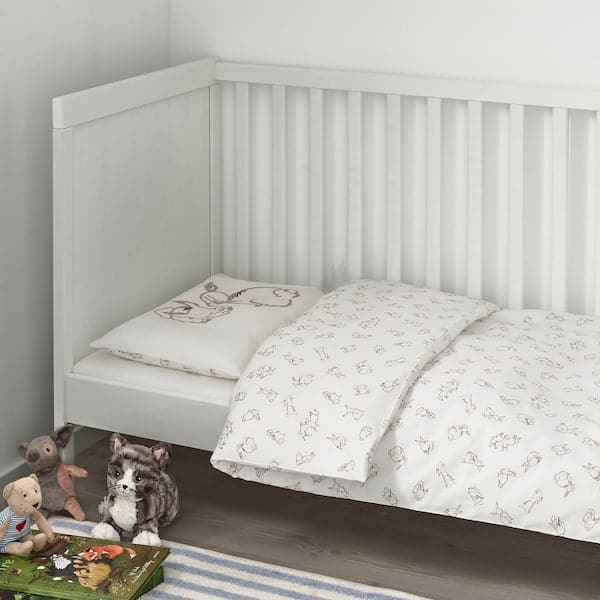 Ikea RÖDHAKE - Duvet cover 1 pillowcase for cot, rabbit pattern/white/beige, 110x125/35x55 cm