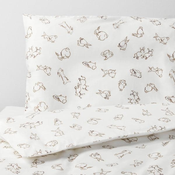 Ikea RÖDHAKE - Duvet cover 1 pillowcase for cot, rabbit pattern/white/beige, 110x125/35x55 cm