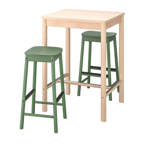 RÖNNINGE / RÖNNINGE Table and 2 bar stools - birch/green ,