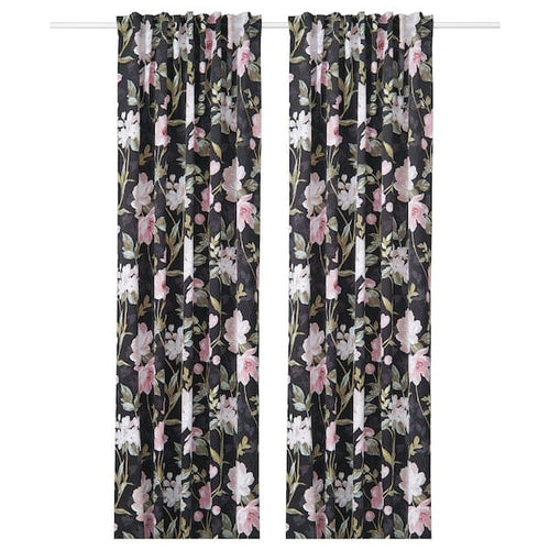 ROSENMOTT Blackout curtain, 1 pair - black/floral pattern 145x300 cm