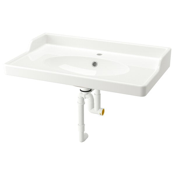 RUTSJÖN - Wash-basin with water trap, white, 82x49 cm