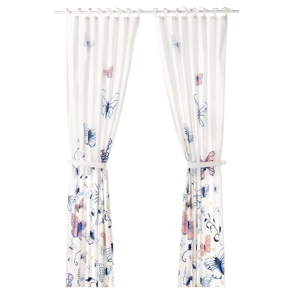 SÅNGLÄRKA - Curtains with tie-backs, 1 pair, butterfly/white blue, 120x300 cm - best price from Maltashopper.com 10427021
