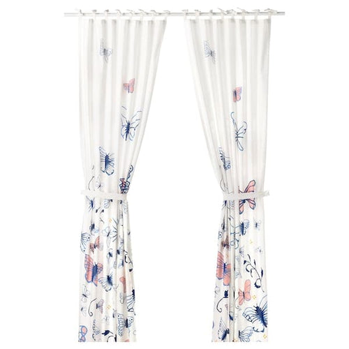 SÅNGLÄRKA - Curtains with tie-backs, 1 pair, butterfly/white blue, 120x300 cm