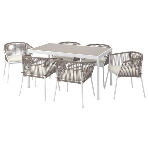 SEGERÖN - Table+6 chairs armrests, garden, white/beige/Frösön/Duvholmen beige, 147 cm
