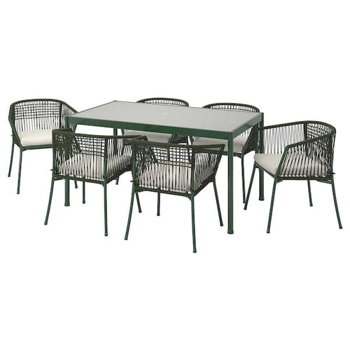 SEGERÖN - Table+6 chairs armrests, garden, dark green/Frösön/Duvholmen beige, 147 cm